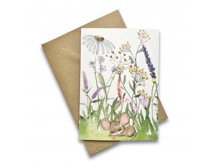 přání s myškou v louce