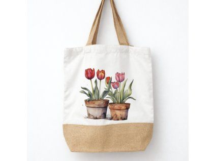 taška s jutou a tulipány