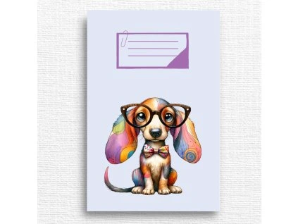 školní sešit s brýlatým pejskem