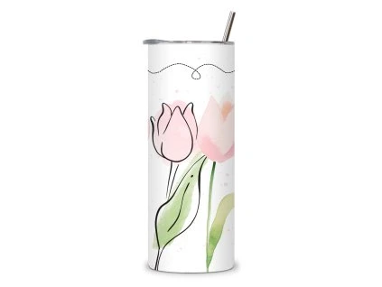 termoska s potiskem růžových tulipánů
