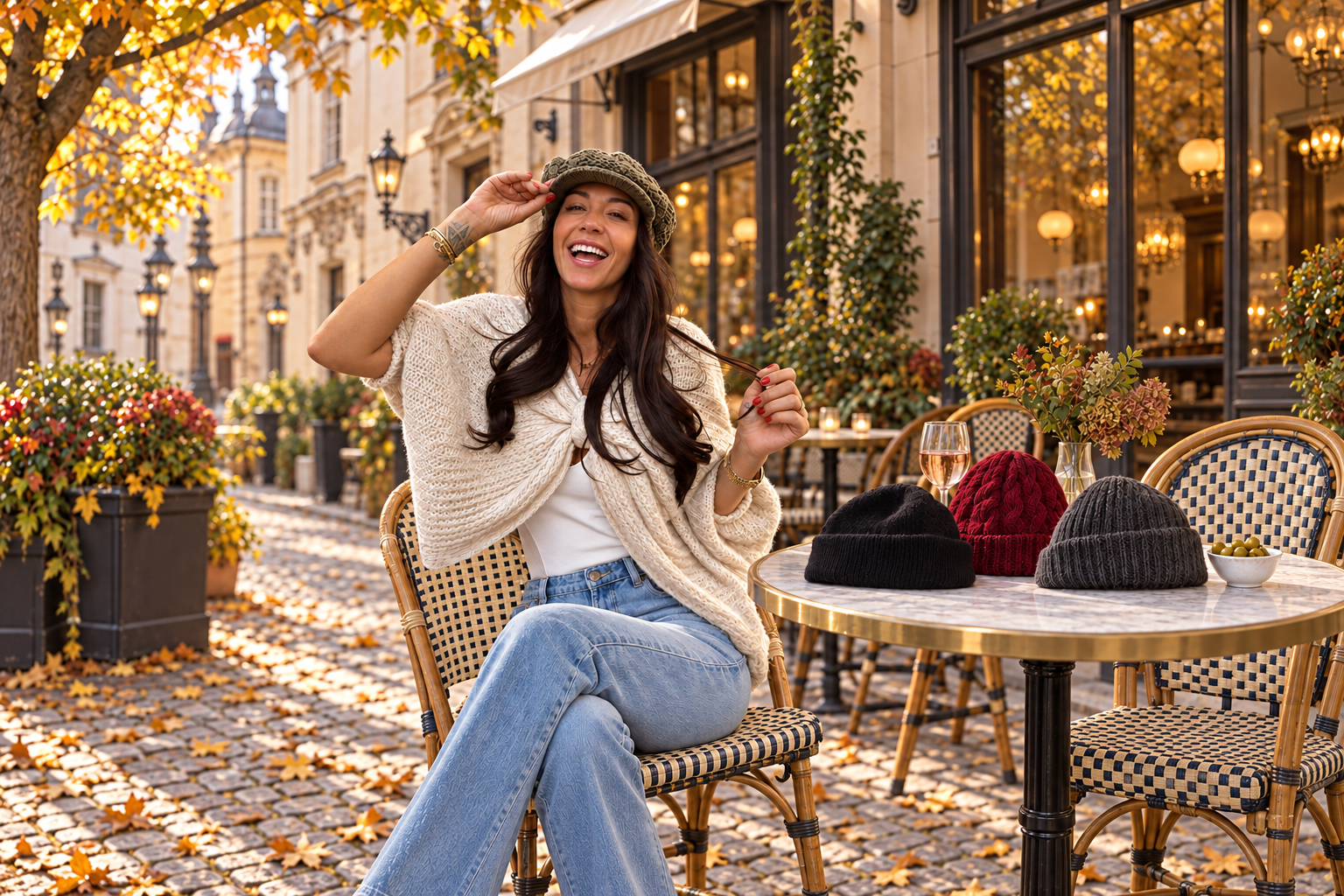 Agáta v pražské kavárně s čepicemi Urban Muse Khaki, Cashmere Cloud Black, Good Vibes Red a Simply Anthracite