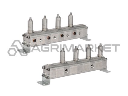 Přesný ozubený dělič průtoku oleje GR10 4x3,2cm3 2xIN - 4xOUT s vyrovnávacími ventily. Rozsah vstupního průtoku oleje: 15,2 - 43,2L/min.