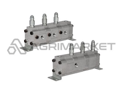 Přesný ozubený dělič průtoku oleje GR20 3x8,0cm3 1xIN - 3xOUT s vyrovnávacími ventily. Rozsah vstupního průtoku oleje: 30 - 68,4L/min.