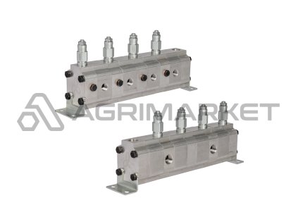 Přesný ozubený dělič průtoku oleje GR20 4x5,9cm3 2xIN - 4xOUT s vyrovnávacími ventily. Rozsah vstupního průtoku oleje: 29,2 - 67,2L/min.
