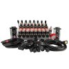 Hydraulický rozvaděč 8dílný 12V blok typ Cetop 3 NG6 s proporcionálním regulátorem průtoku doplněný dvěma ovládacími panely Salvarani se dvěma joysticky, manometrem, elektrickými zástrčkami a přípojkami