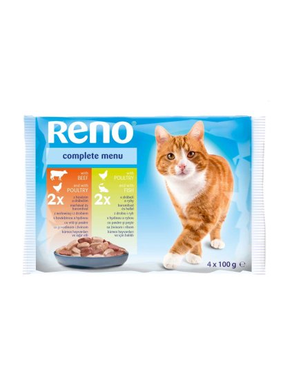 reno cat pouch 4x100g cat with beef and poultry poultry and fish in gravy cl1