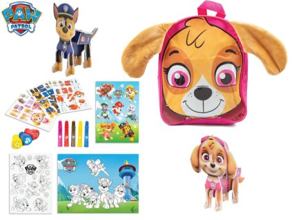 paw patrol tvoriva sada s barvickami nalepkami a omalovankami v batuzku skye