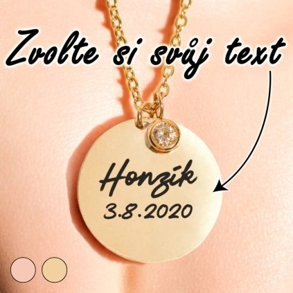 Luxusní náhrdelník - Medailonek na řetízku se zirkonem - S vlastním textem datum