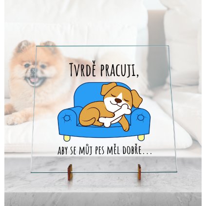 Dekorační Skleněná deska - Tvrdě pracuji. Barevný pes
