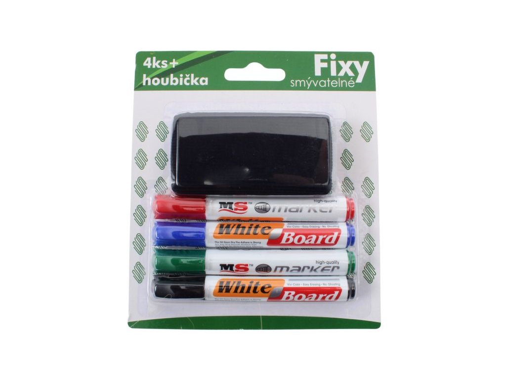 Fixy na bílou tabuli - smývatelné 4ks + houbička