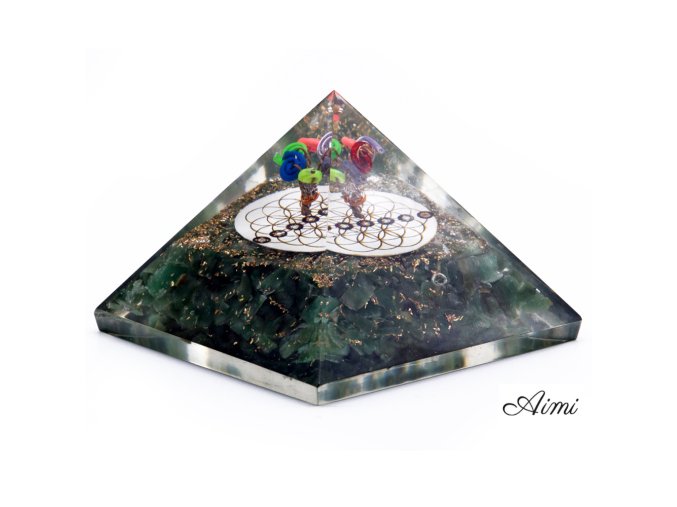 Orgonit Pyramída - Zelený Aventurín a Kvet Života - 70 mm (Varianta Zelený Aventurín a Kvet Života - 70 mm)
