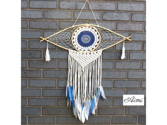Ochranný Lapač Snov - Veľký - Macramé - Biela / Modrá / Šedá (Varianta Veľký - Macramé)