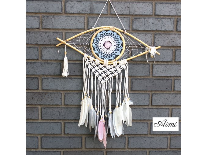 Ochranný Lapač Snov - Stredný - Macramé - Modrá / Biela / Ružová (Varianta Stredný - Macramé)