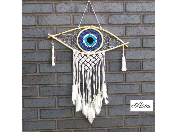 Ochranný Lapač Snov - Stredný - Macramé - Modrá / Biela / Čierna (Varianta Stredný - Macramé)