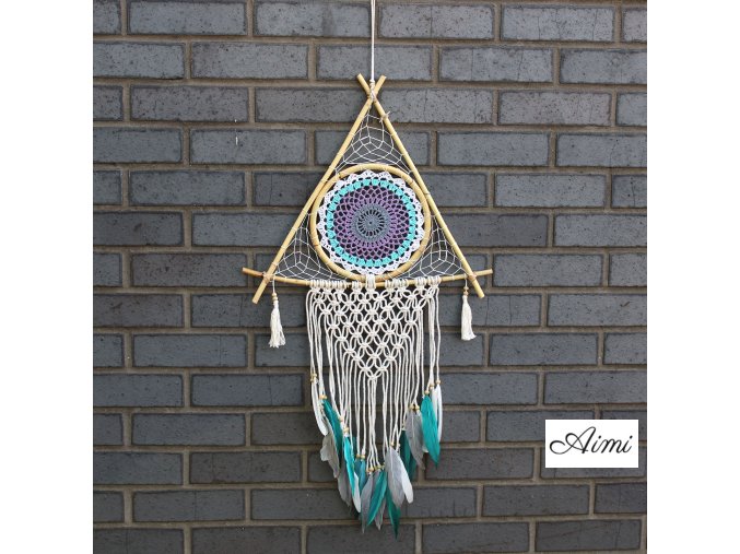 Ochranný Lapač Snov - Veľký - Macramé - Pyramída Biela/ Tyrkysová (Varianta Veľký - Macramé)