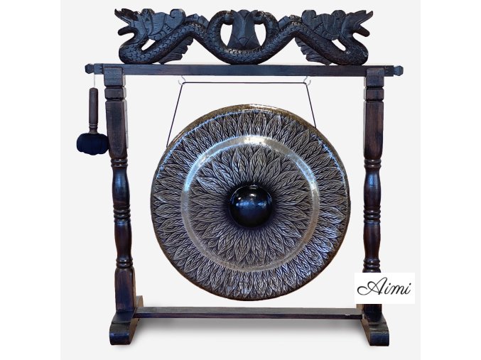 Veľký Gong s Hnedým Antickým Stojanom - 80cm - Čierny - Vzorovaný (Varianta 80cm - Čierny)