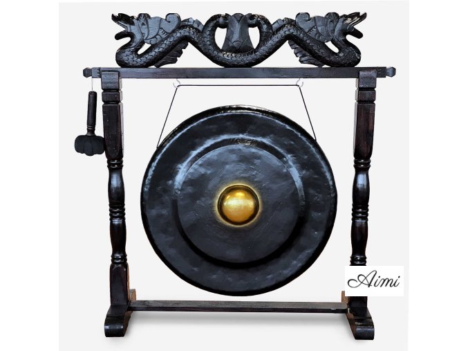 Veľký Gong s Hnedým Antickým Stojanom - 80cm - Čierny (Varianta 80cm - Čierny)