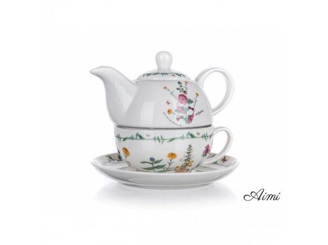 Čajník so šálkou a podšálkou Porcelánový biely s dekorom kvetov 400ml +220ml SPRING  BANQUET