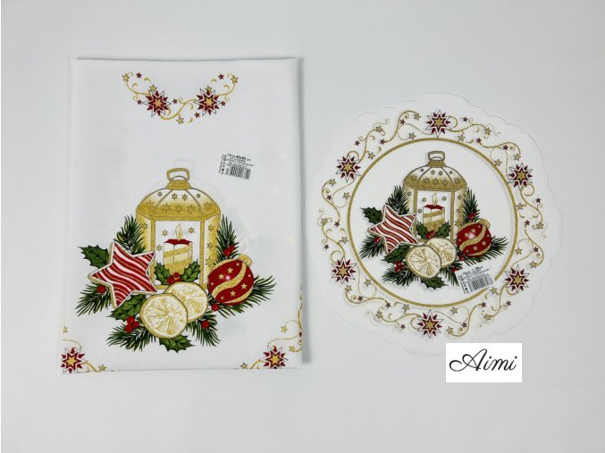Vianočný biely okrúhly obrus s Vianočnou potlačou Lampášik - Sviečka a Stromček  malý kruh priemer 28cm