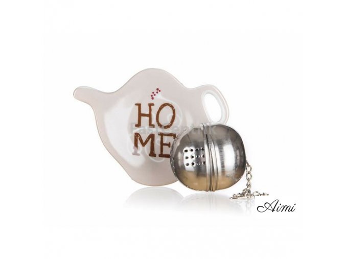 Čajová súprava na lúhovanie sypkých čajov - sitko na čaj a mini keramická tácka s motívom HOME