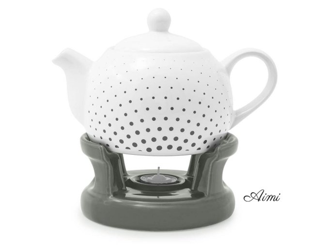 ČAJNÍK biely PORCELÁNOVÝ 1L s béžovým  STOJANOM a OHREVOM na čajovú sviečku DEKOR BODKY