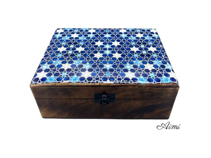 Veľká Drevená Krabička s Keramickou Glazúrou - 20x15x7.5cm - Modré Hviezdy