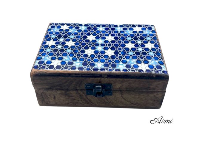 Stredná Drevená Krabička s Keramickou Glazúrou - 15x10x6cm - Modré Hviezdy