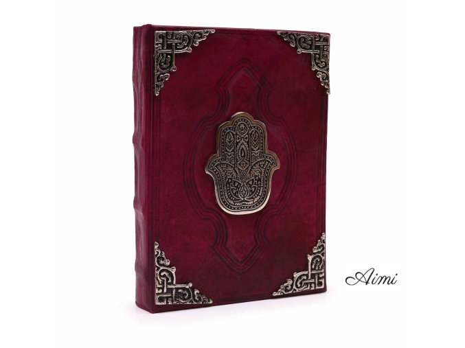 Červený Zápisník z Hrubej Kože – Zinkový Dekor Hamsa – 200 Strán s Ozdobným Okrajom – 26 x 18 cm