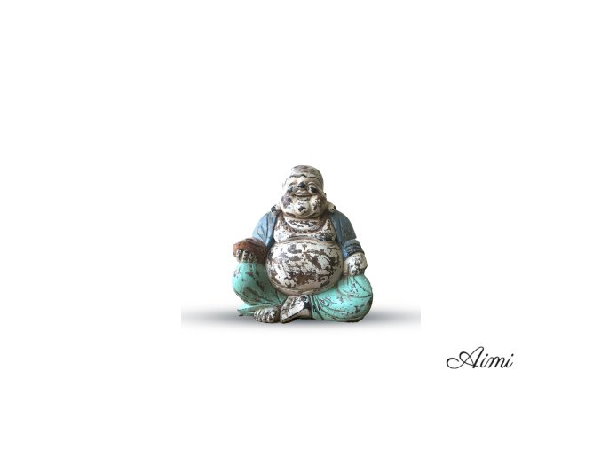 Vintage Modrá Mätová Ručne Vyrezávaná Socha Budhu - 30 cm - Šťastný Budha (Varianta 30 cm - Šťastný Budha)