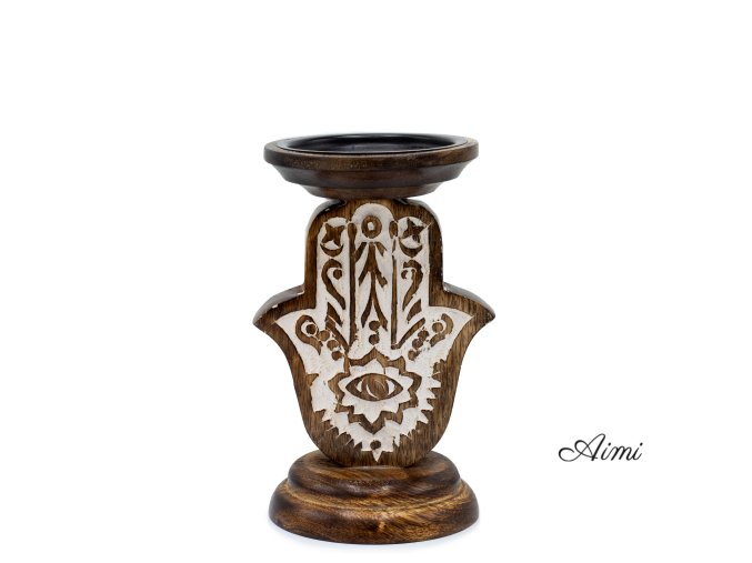 Stojan na Sviečku z Mangového Dreva - Hamsa - Malý 18x11cm