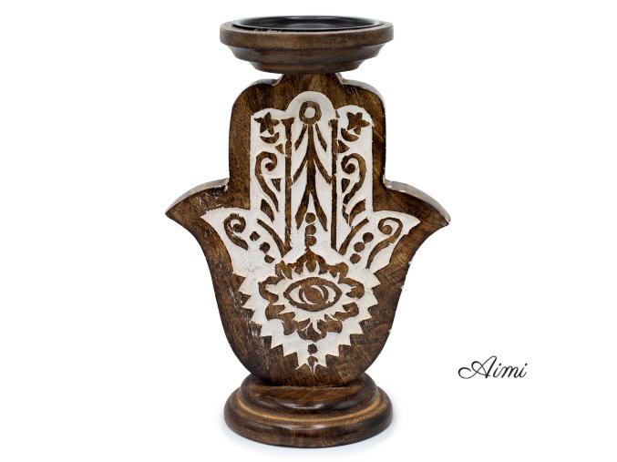Stojan na Sviečku z Mangového Dreva - Hamsa - Veľký 25x18cm (Varianta Hamsa - Veľký 25x18cm)