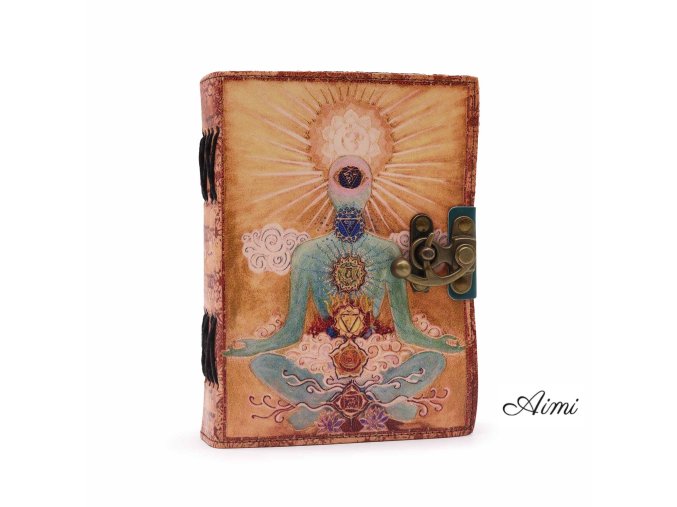Kožený Zápisník "Budha Sedem Čakier" s Okrajom (12.5cmX17.5cm)