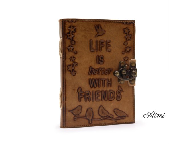 Kožený Zápisník – Obyčajný Papier - Life is Better with Friends (12.5cmX17.5cm) - Svetlohnedý (Varianta Life is Better with Friends (12.5cmX17.5cm) - Svetlohnedý)