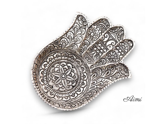 Leštený Hliníkový Stojan na Vonné Tyčinky Veľký Hamsa 18x13cm
