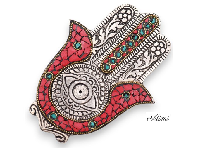 Červený a Zelený Malý Stojan na Vonné Tyčinky Hamsa 13x5,5 cm (Varianta Červený a Zelený Malý Stojan na Vonné Tyčinky Hamsa 13x5,5 cm)
