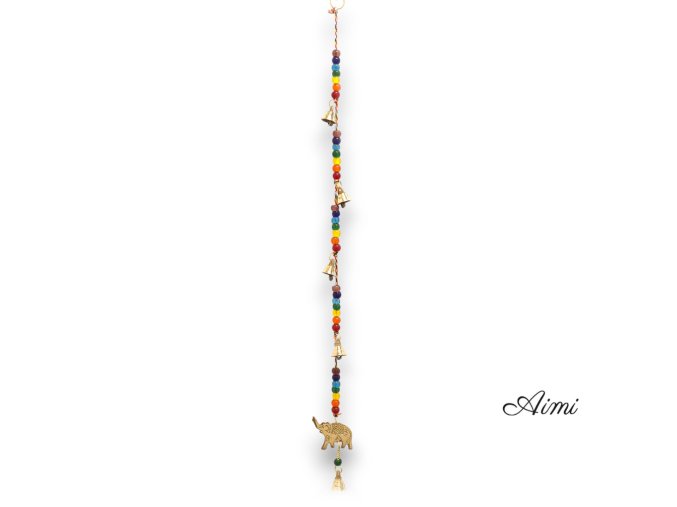 Indická Zvonkohra - Mosadzný Slon s Čakrovými Korálkami Zvonček - 53 cm