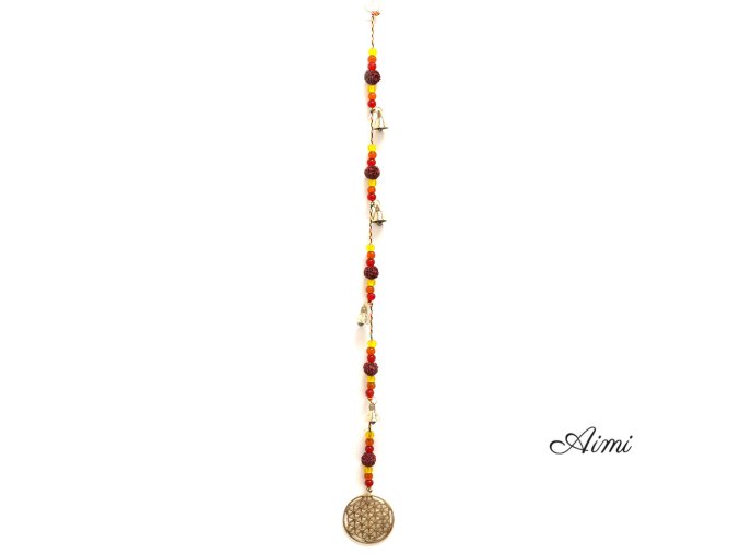 Indická Zvonkohra - Mosadzný Kvet Života s Korálkovým Zvončekom Rudraksha - 6 x 63 cm