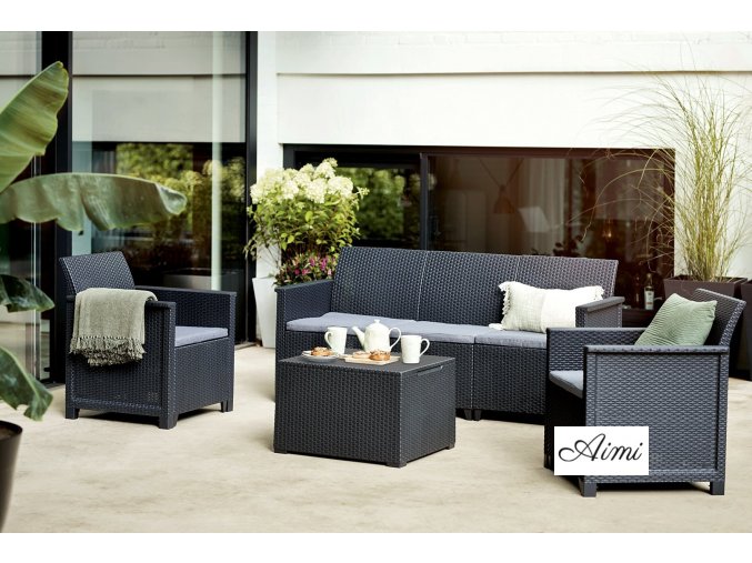 Záhradná polyratanová zostava nábytku EMMA 3 - šedá grafit - Pohovka + Kreslá + Stolík s poduškami pre 5 osôb