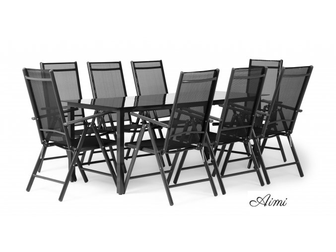 Záhradná súprava Stôl vysoký a 8x Stolička Skladacia Hliník Šedo Čierna súprava Nábytku Dizu II.