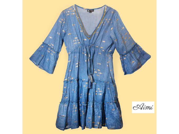 Ručne Maľované Šaty Nomad Sari s Morskou Modrou a Zlatou Rybkou L/XL (Varianta Ručne Maľované Šaty Nomad Sari s Morskou Modrou a Zlatou Rybkou L/XL)