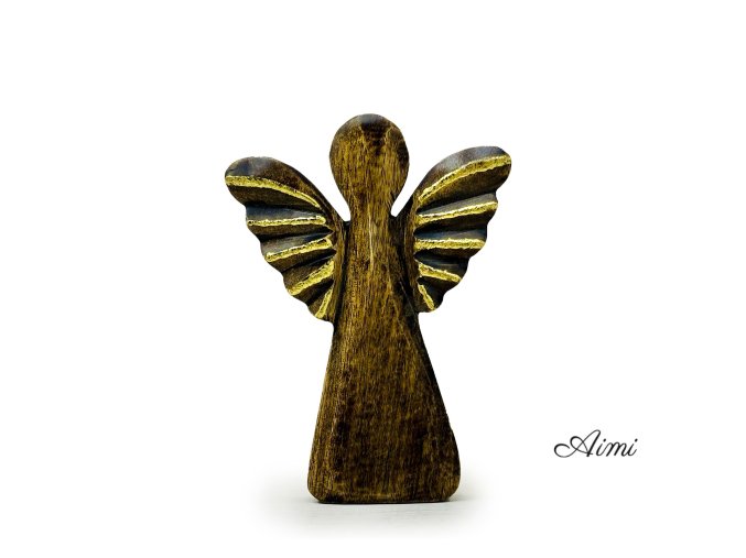 Stredný Anjel z Mangového Dreva - Zlatý Dekor - 16cm (Varianta Zlatý Dekor - 16cm)