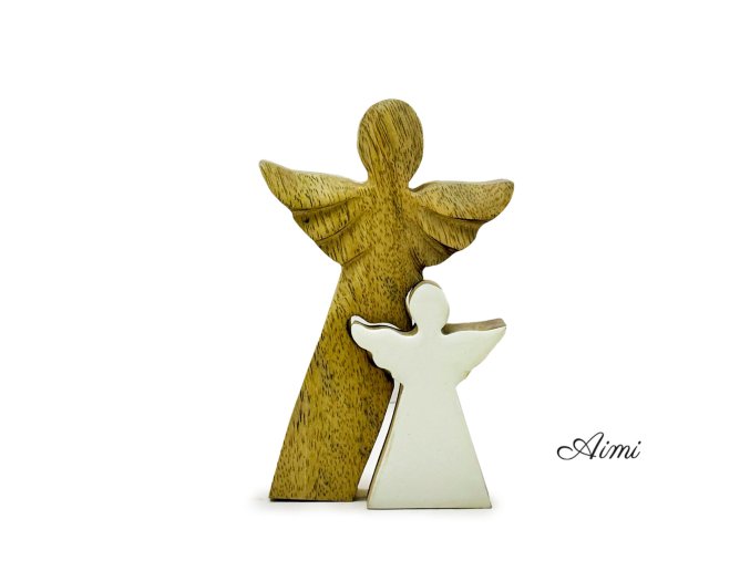 Anjel z Mangového Dreva s Malým Anjelom - Biely Smalt - 15 cm (Varianta Biely Smalt - 15 cm)