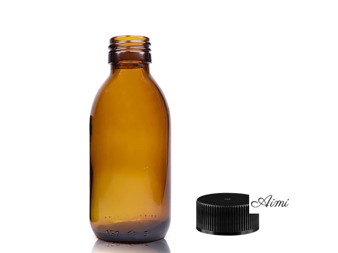 150ml Fľaška z Jantárového Skla s Čiernym Plastovým Uzáverom (Varianta 150ml Fľaška z Jantárového Skla s Čiernym Plastovým Uzáverom)