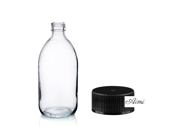 150ml Lieková Fľaška z Číreho Skla s Čiernym Plastovým Uzáverom (Varianta 150ml Lieková Fľaška z Číreho Skla s Čiernym Plastovým Uzáverom)