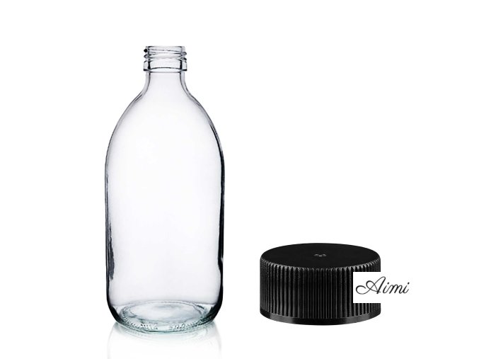 300ml Lieková Fľaška z Číreho Skla s Čiernym Plastovým Uzáverom (Varianta 300ml Lieková Fľaška z Číreho Skla s Čiernym Plastovým Uzáverom)