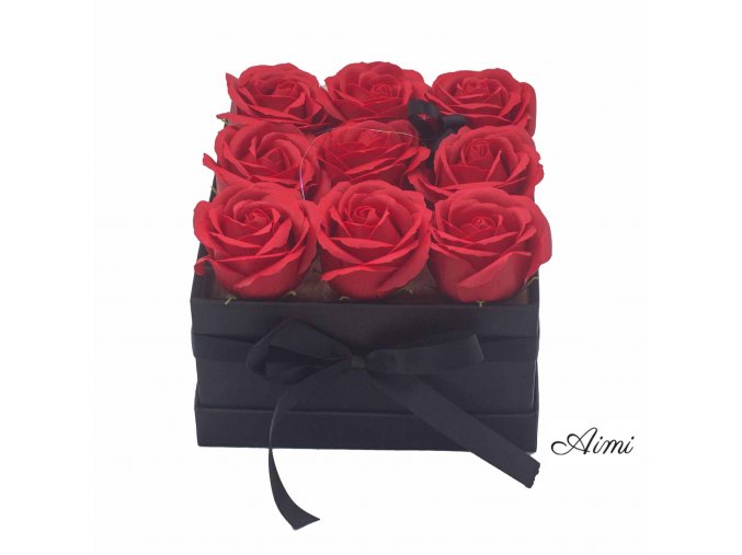 Darčekový Box z Mydlový Kvetov - 9 Červených Ruží - Štvorec