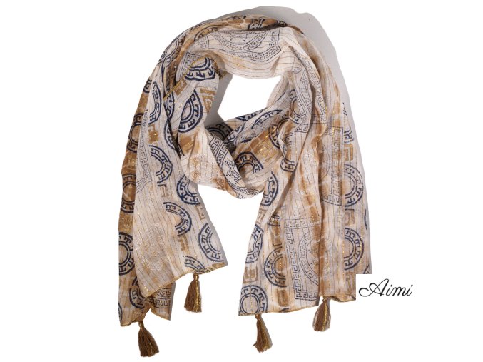 Nomad Sari - Letná Šatka - 180x50cm - Potlač Marbella - Hnedá so Zlatým Lemom (Varianta Letná Šatka -  180x50cm)