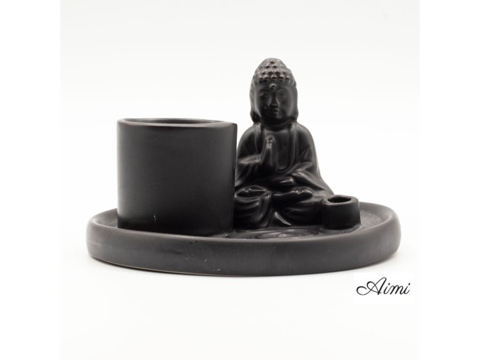 Stojan na Palo Santo a Vydymovadlá s Motívom Budhu - Keramická Matná Čierna