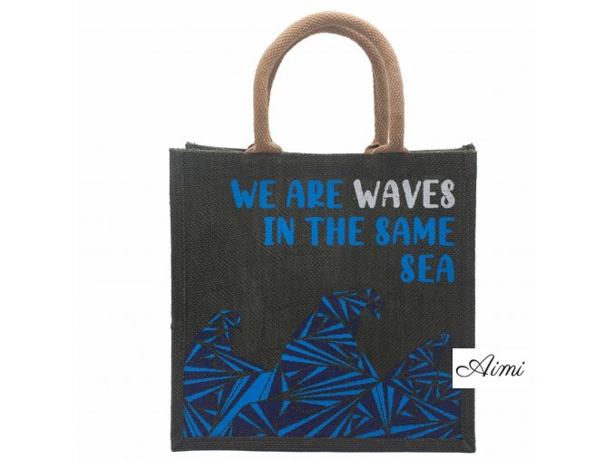 Jutové Tašky s Potlačou - We are Waves - Sivá, Modrá a Prírodná