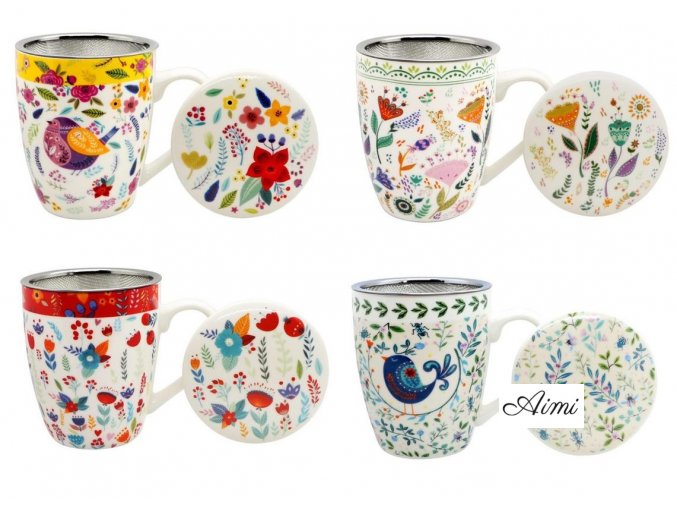 Hrnček s kovovým sitkom na sypaný čaj porcelán 360ml s ĽUDOVÝM motívom KVIETKY pestrý
